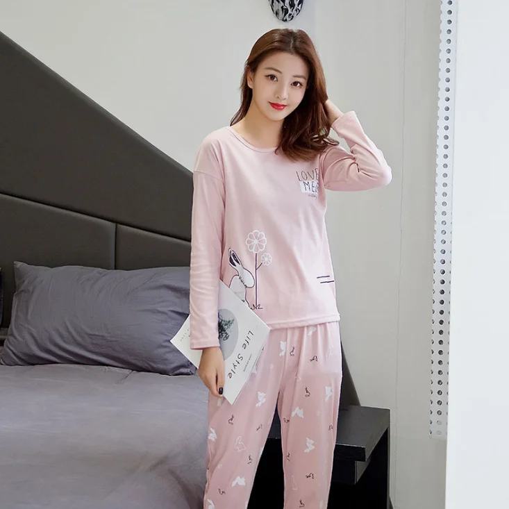 Amazon hot sell lady Sleepwear High quality New cute nighty Wholesale one set Chinese Long Sleeve Women Pajamas