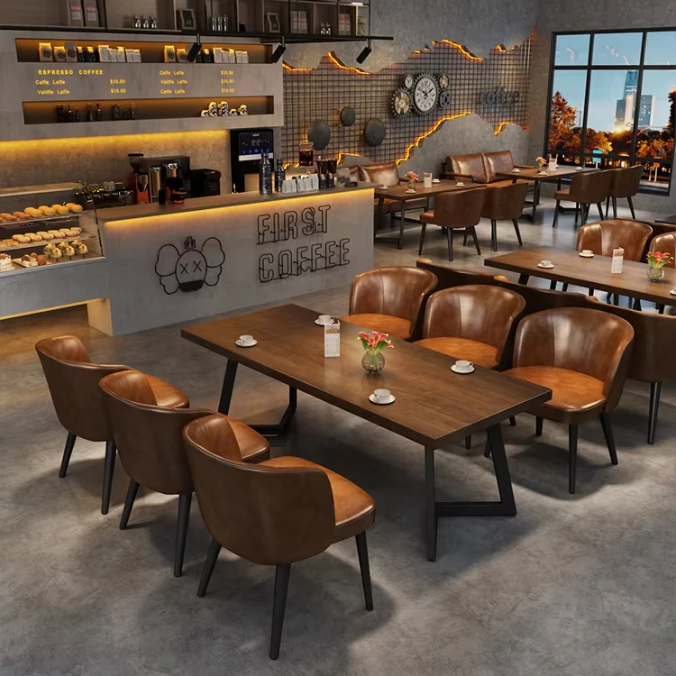 Industrial fast food coffee shop oak wood sets de restaurants 4 seat dining table set cafe table and chair sets for restaurant