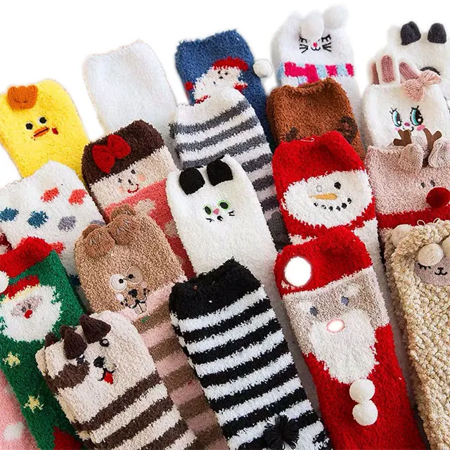  Christmas stockings embroidered three-dimensional household coral fleece cartoon socks boxed floor half flanked
