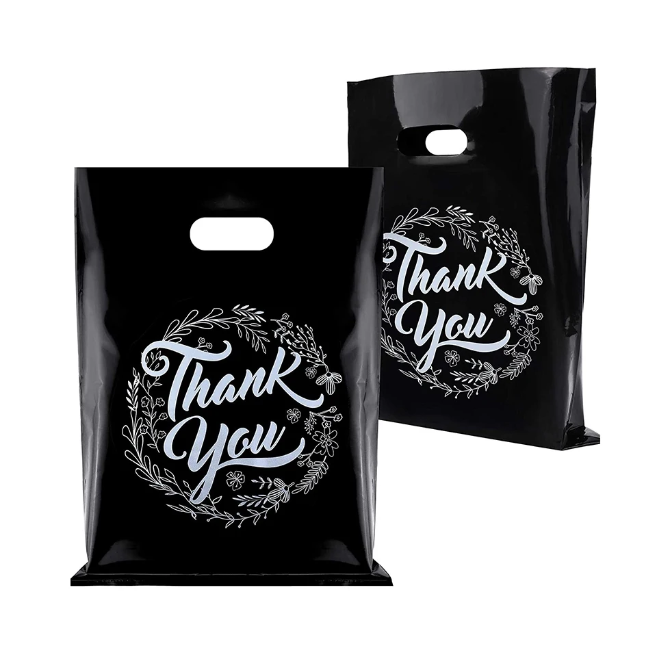 Товары на заказ, глянцевые пластиковые пакеты с логотипом, полиэтиленовые пакеты с ручкой, черные, для покупок, с пользовательским логотипом, розничные Пластиковые пакеты для одежды