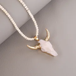 Bohemian Women Statement Gold Plated Skull Head Pendant Necklace Natural Amazonite Stone Bull Horn Necklace