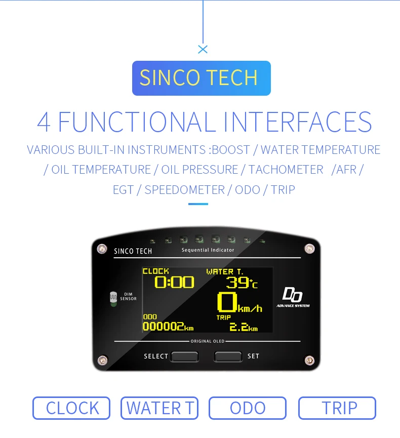 SincoTech 2.5 ' LCD Universal Auto OLED Race Dash Advance ZD RPM Speedometer Boost EGT AFR Gauge Meter Cluster Car (DO907)