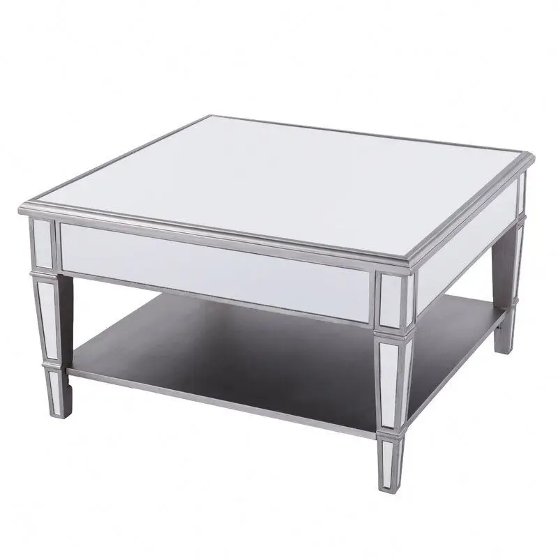 
Sparkly Silver Square Mirrored Coffee Table Crushed Diamond Decorative Center Table for Home Hotel 