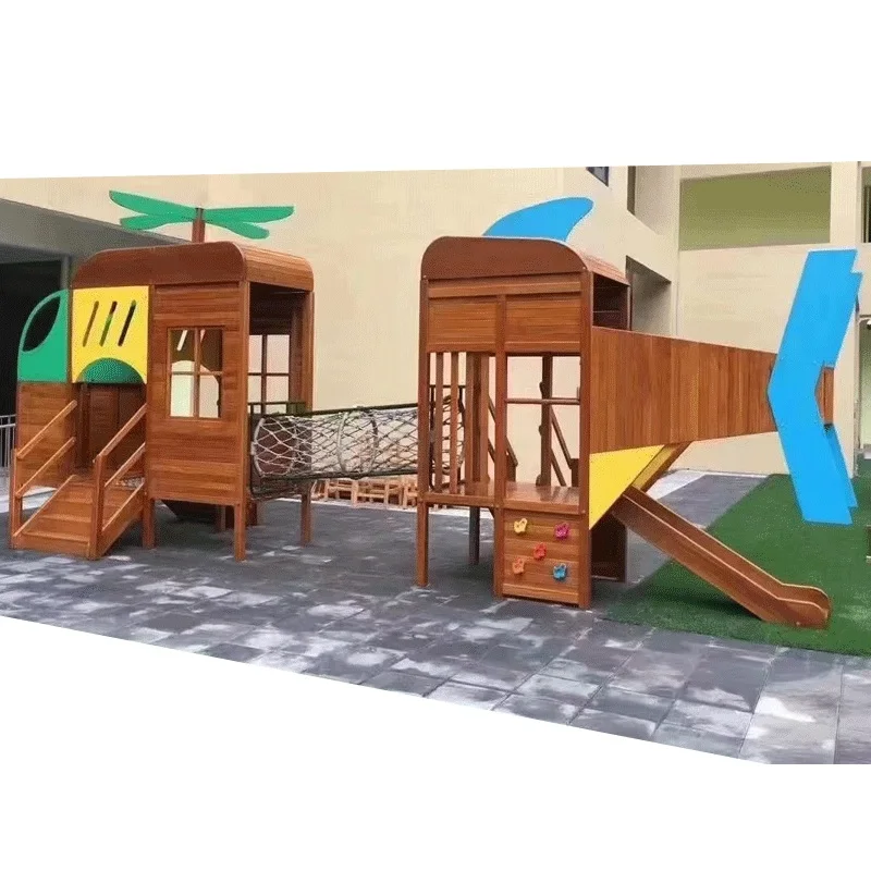 Plastic Slide and Wooden Kids  Houses Playhouse with outdoor playground Slide and Climbing swing Kids Wood Indoor  playground Sl