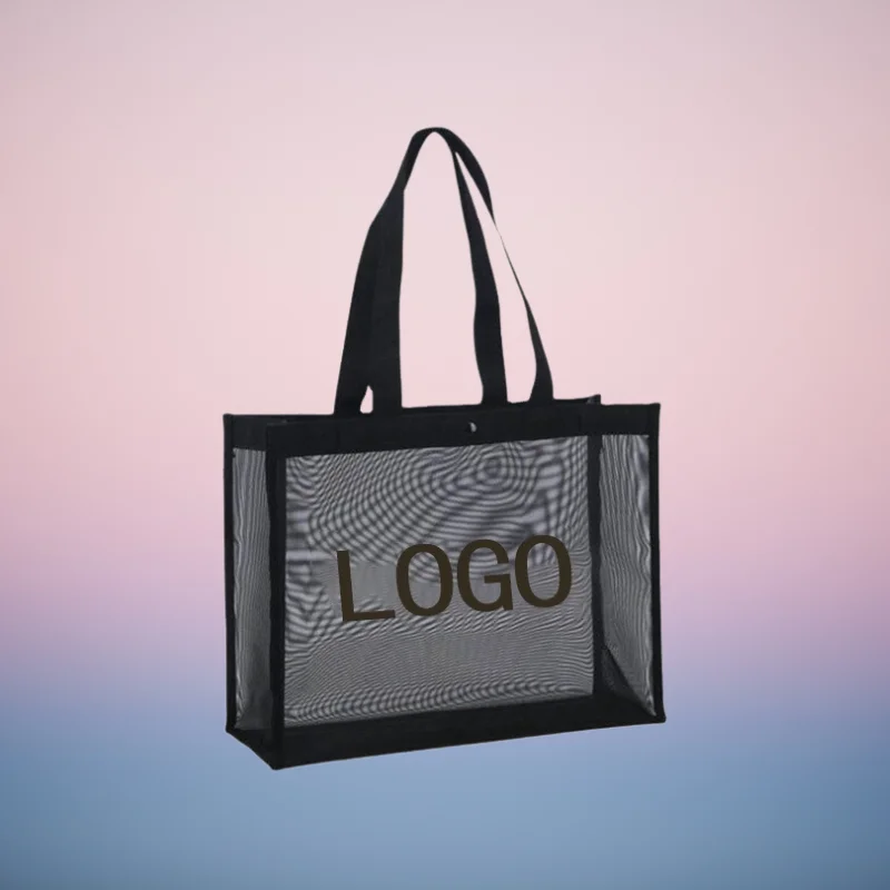 Wholesale custom women transparent mesh beach bag with big folding reusable produce mesh bags net bag for grocery