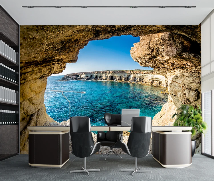 3d Seagull Blue Sky Mural Wallpaper White Clouds Sea Landscape Cave Living Room Wallpaper