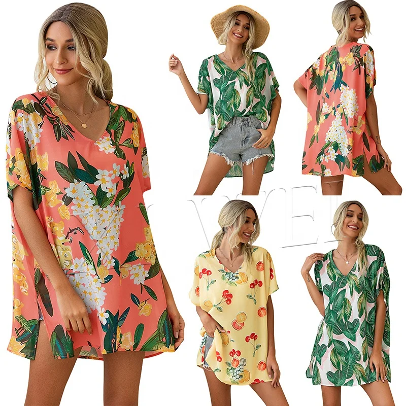 
2021 summer leisure bat sleeve sunscreen printing breathable girl Chiffon Beachwear Bikini cover up dress 