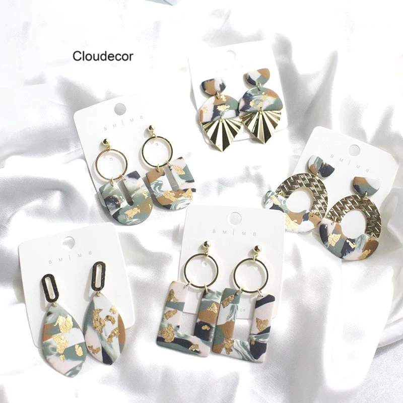 New Designer Metal Dangle Earrings Jewelry Handmade Gold Foil Polymer Clay Drop Earrings For Women Abstract Pattern Clay Earring