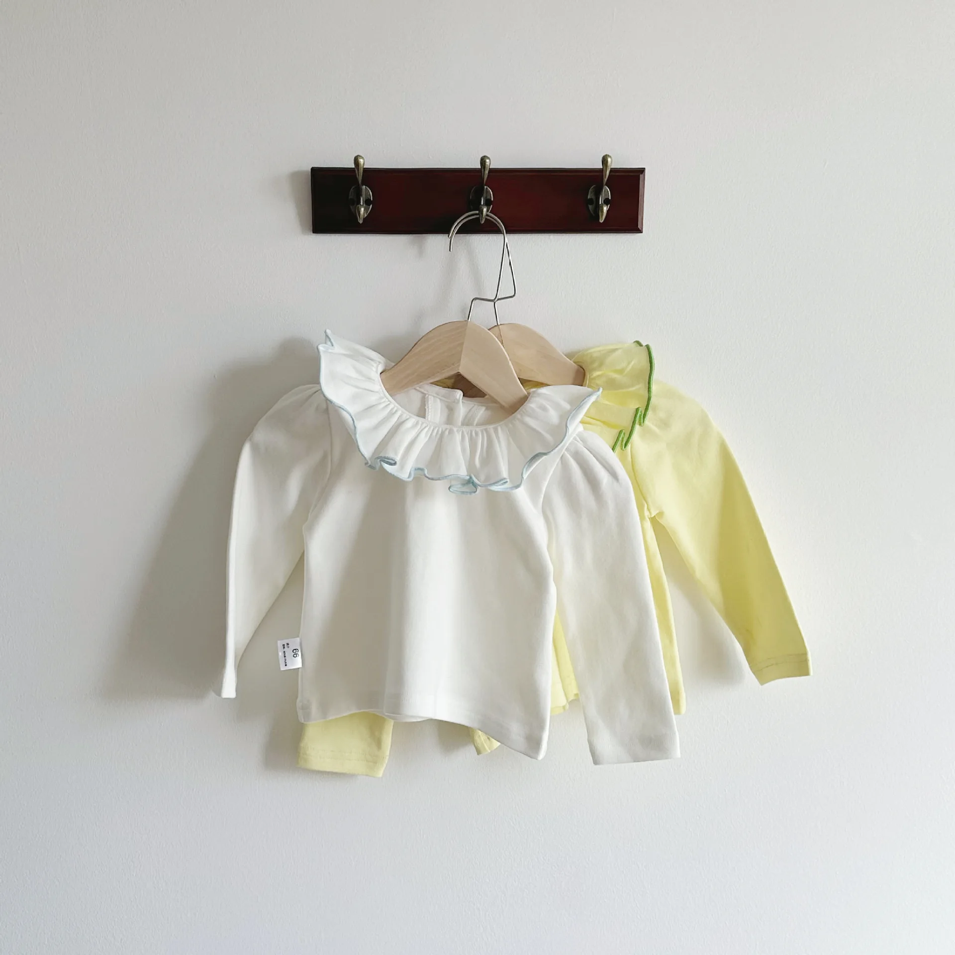 2024 spring autumn newborn baby girls under shirt infant toddler kids ruffles collar solid yellow top clothing 86051