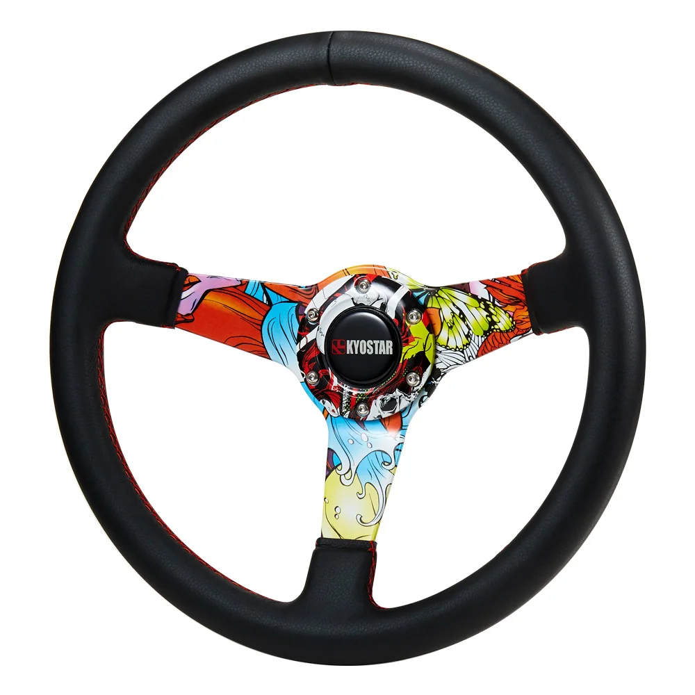 KYOSTAR 350mm Aluminum 3' Deep Corn Black Leather Steering Wheel with HYDRO DIP Pattern