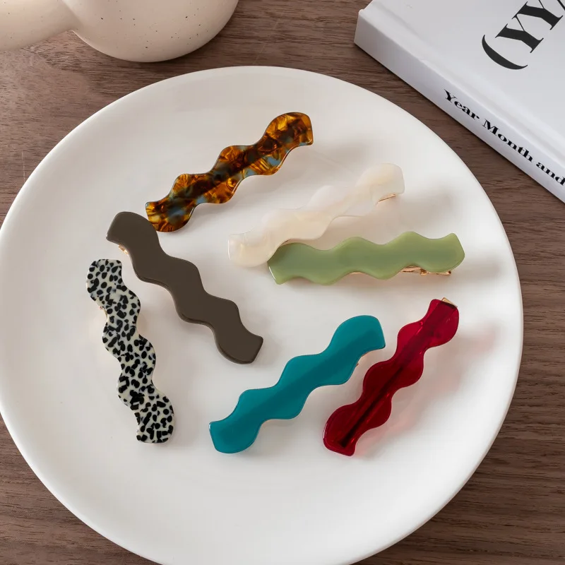 6.5CM Wholesale Trendy Simple Vintage Girls Hair Accessories Clips Wave Shape Color Acetate Metal Hair Clip For Women