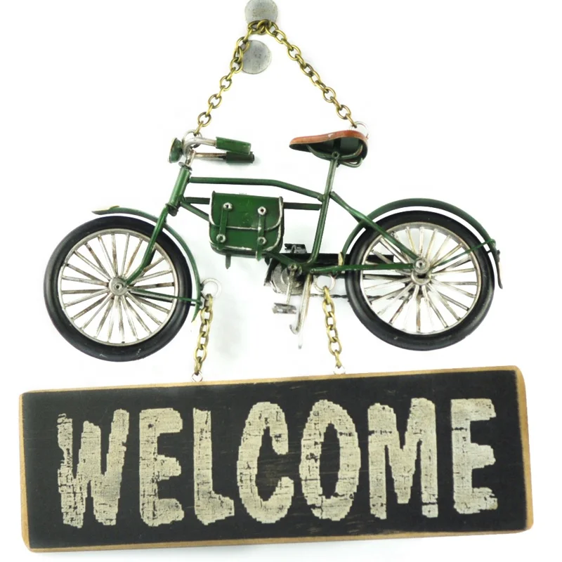 
Vintage Wall Wood Welcome Sign Door Decor Plaque Green Bike Model Restaurant Bar Cafe Shop Door Hanging Sign Metal Craft 