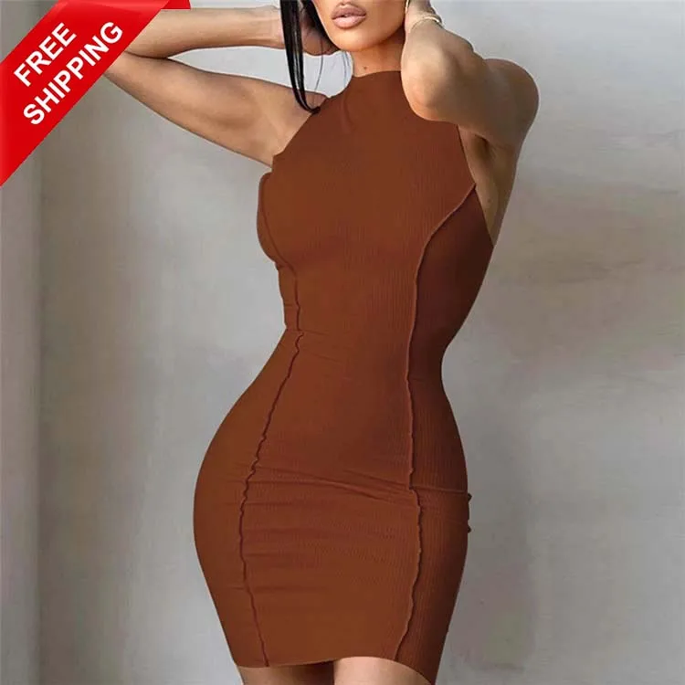 Women Mock Neck Bodycon Tank Dress Fashion Solid Color Sleeveless Bodycon Dresses
