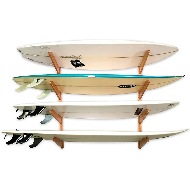 Customizable Wholesale Natural Wood Home Storage Mount System Holds 4 Surfboards Timber Surfboard Wall Rack