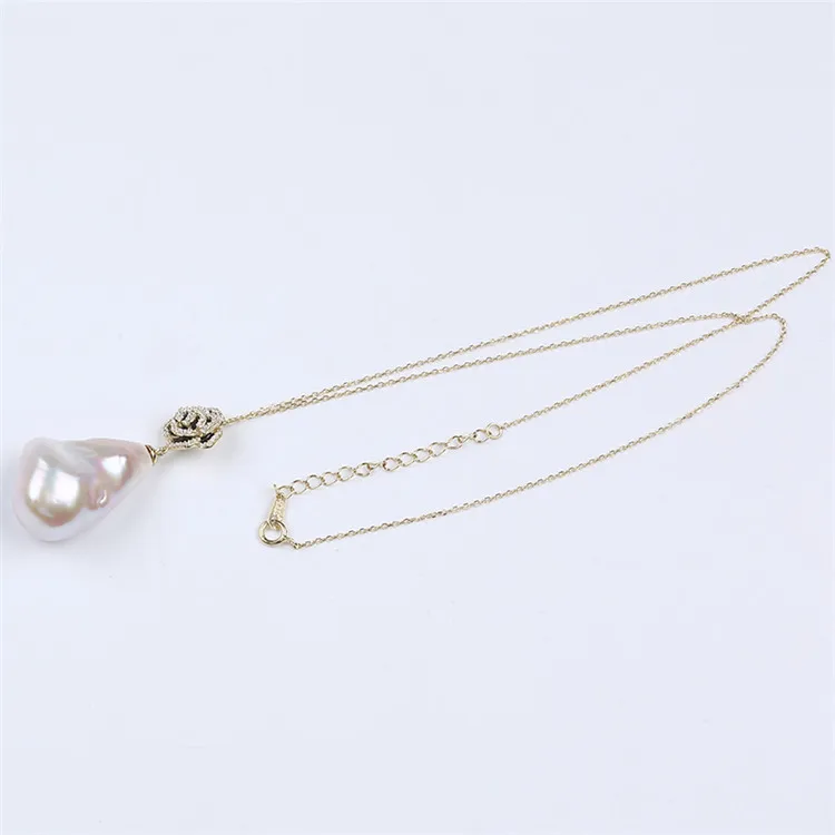 Simple Design  Gold 14k Chain Jewelry Real Fresh Water Pearl Baroque  Shape Pendant Necklace