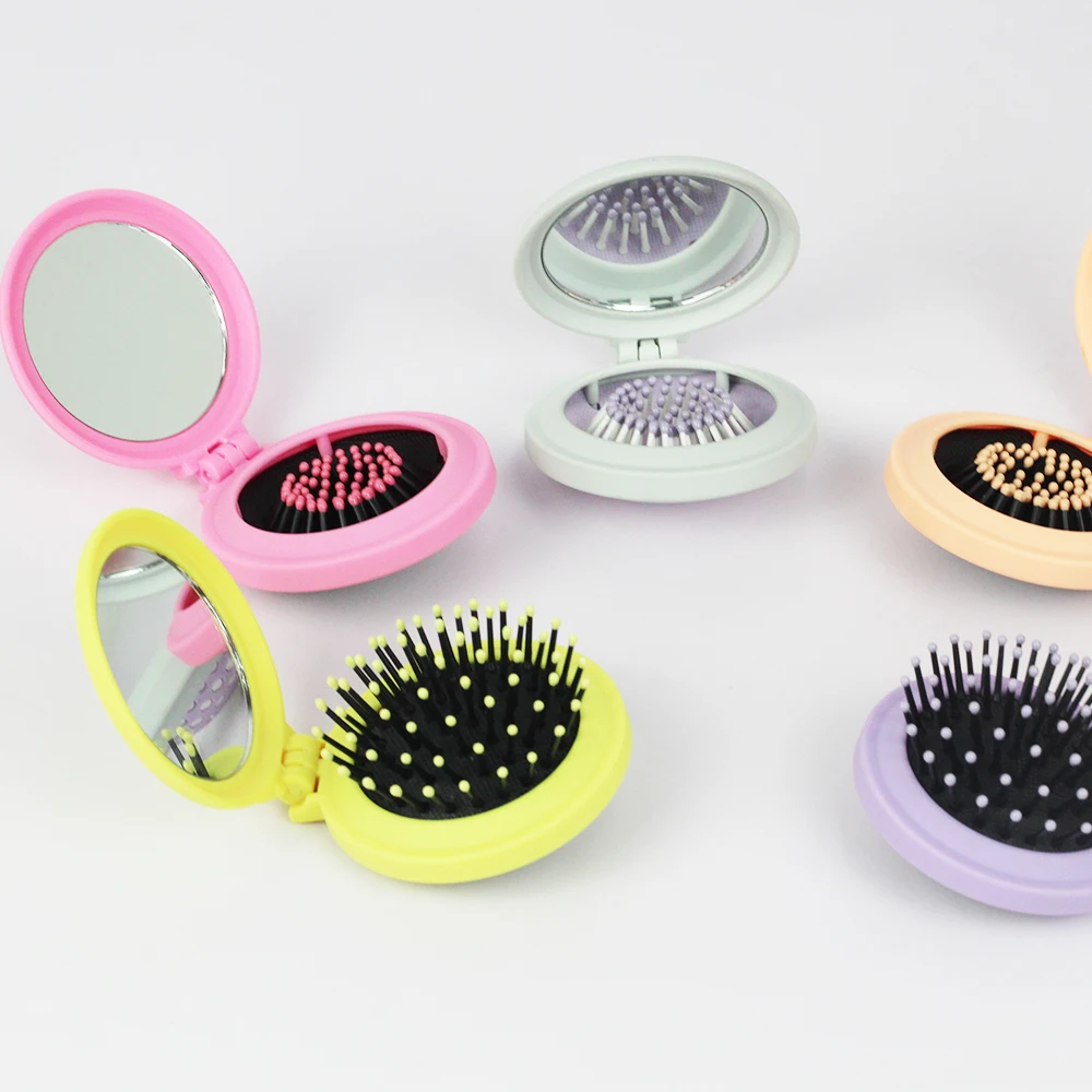 Customized Logo Portable  Pocket Small Travel Detangling Massage Airbag Hair Combs Circular Safety Mini Folding Mirror Comb