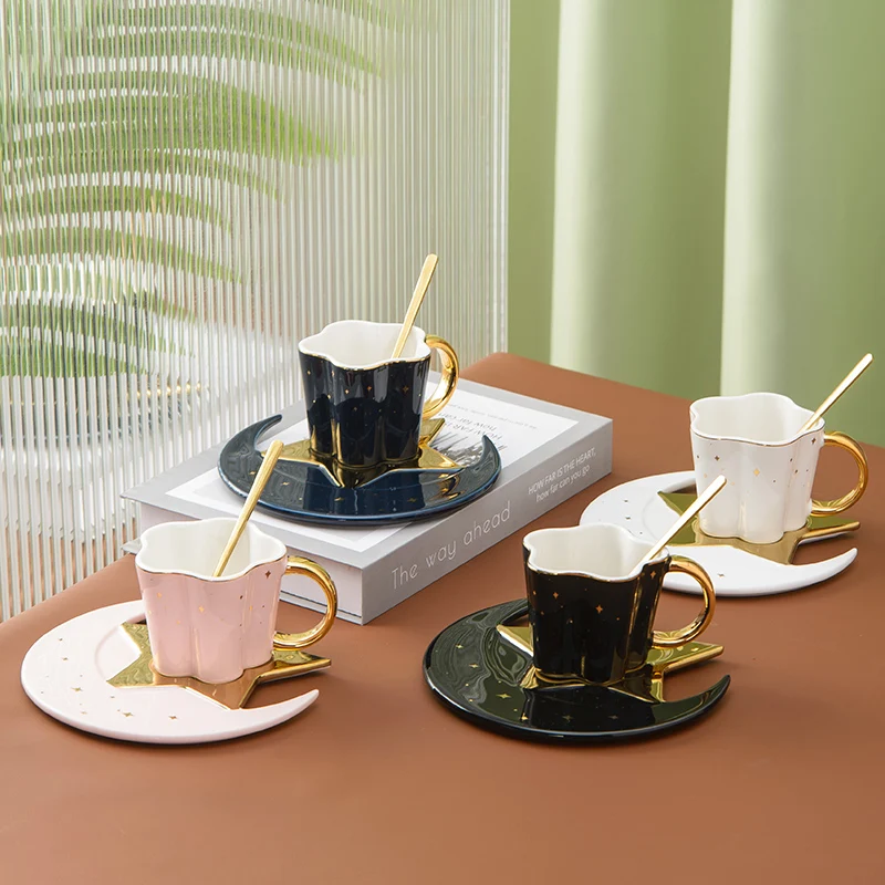Eco Friendly Porcelain Coffee Cup Gold Decor Ceramic Tea Cups And Saucer Set