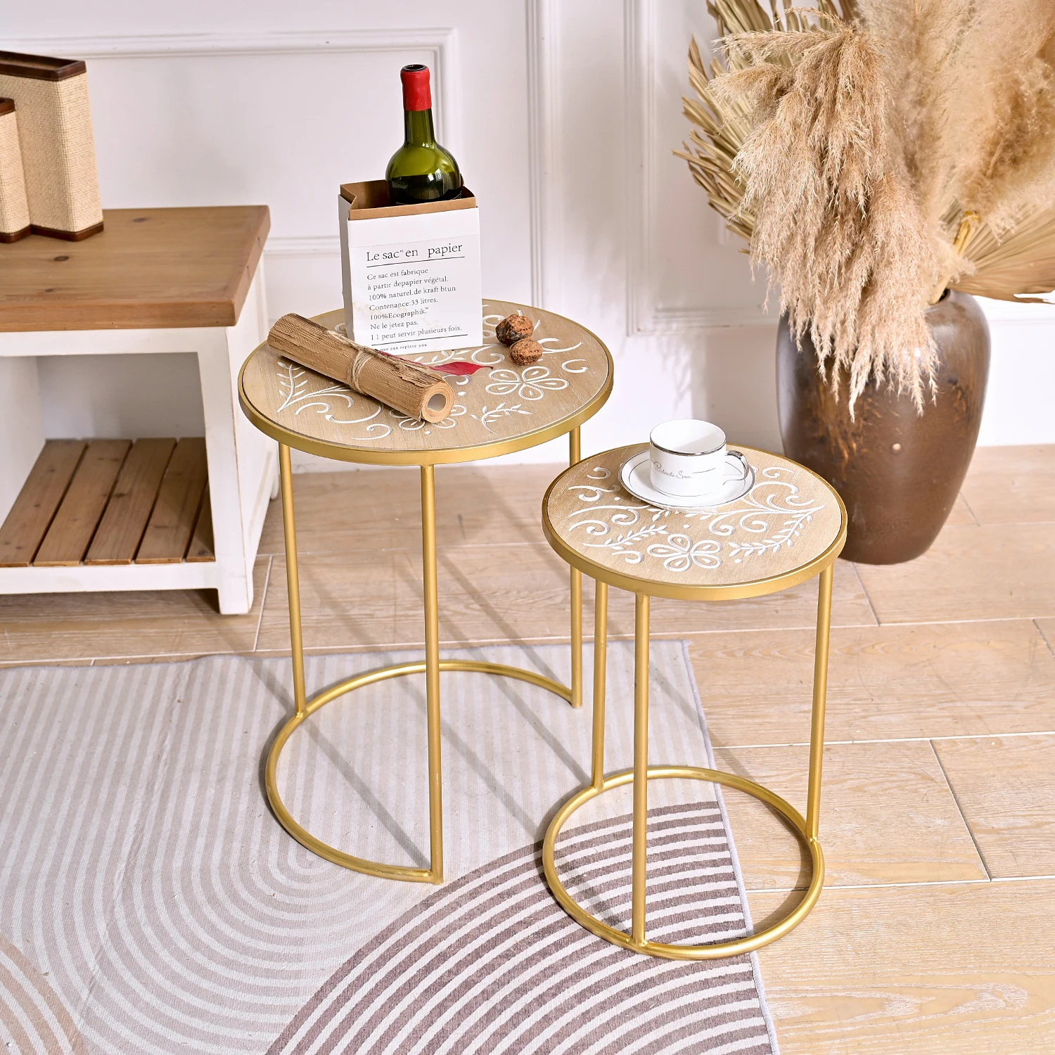 INNOVA Home living room sofa side gold metal leg round flower carved wood top nesting coffee table set of 2