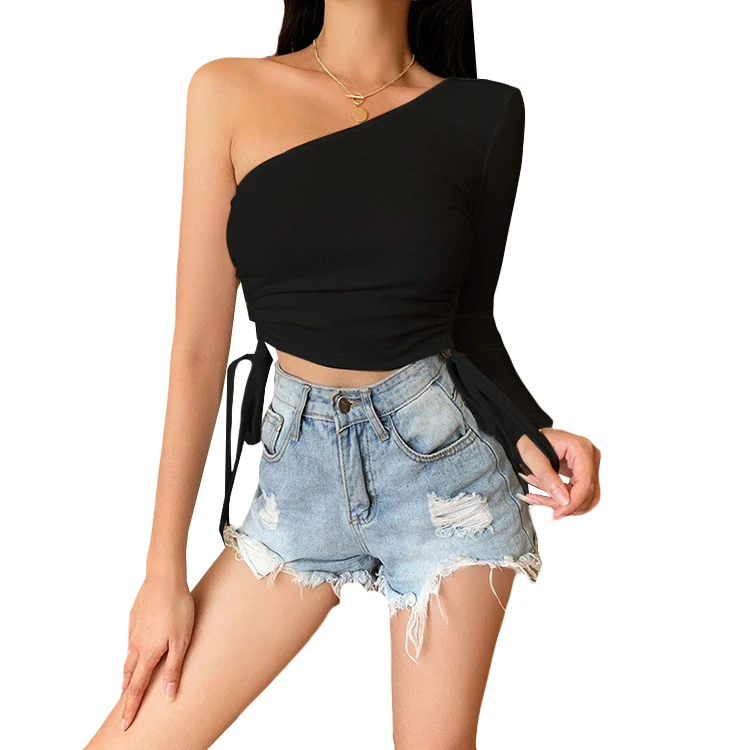 Trendy Designer Sexy Slim One side Drawstring One Shoulder Tops Blouses Clothing Womens Autumn Long Sleeve Crop Top