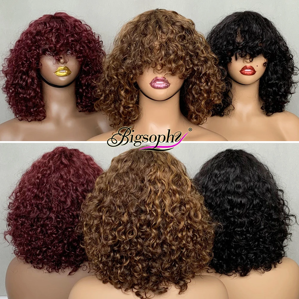 Popular Curly Fringe Bob Wigs Factory Super Double Drawn Quality Luxury Curly 200Gram Hair With Remy Brazilian Virgin Human Hair
