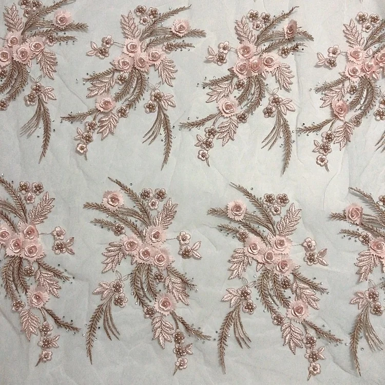 Fancy Embroidered 3d Flower Lace Beaded Applique With Rhinestones LT20415