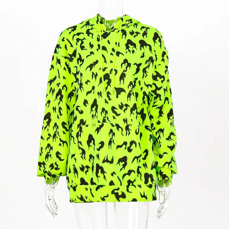 
2019 hot selling full flame print plus long fluorescent color sweater girls neon long hoodie 