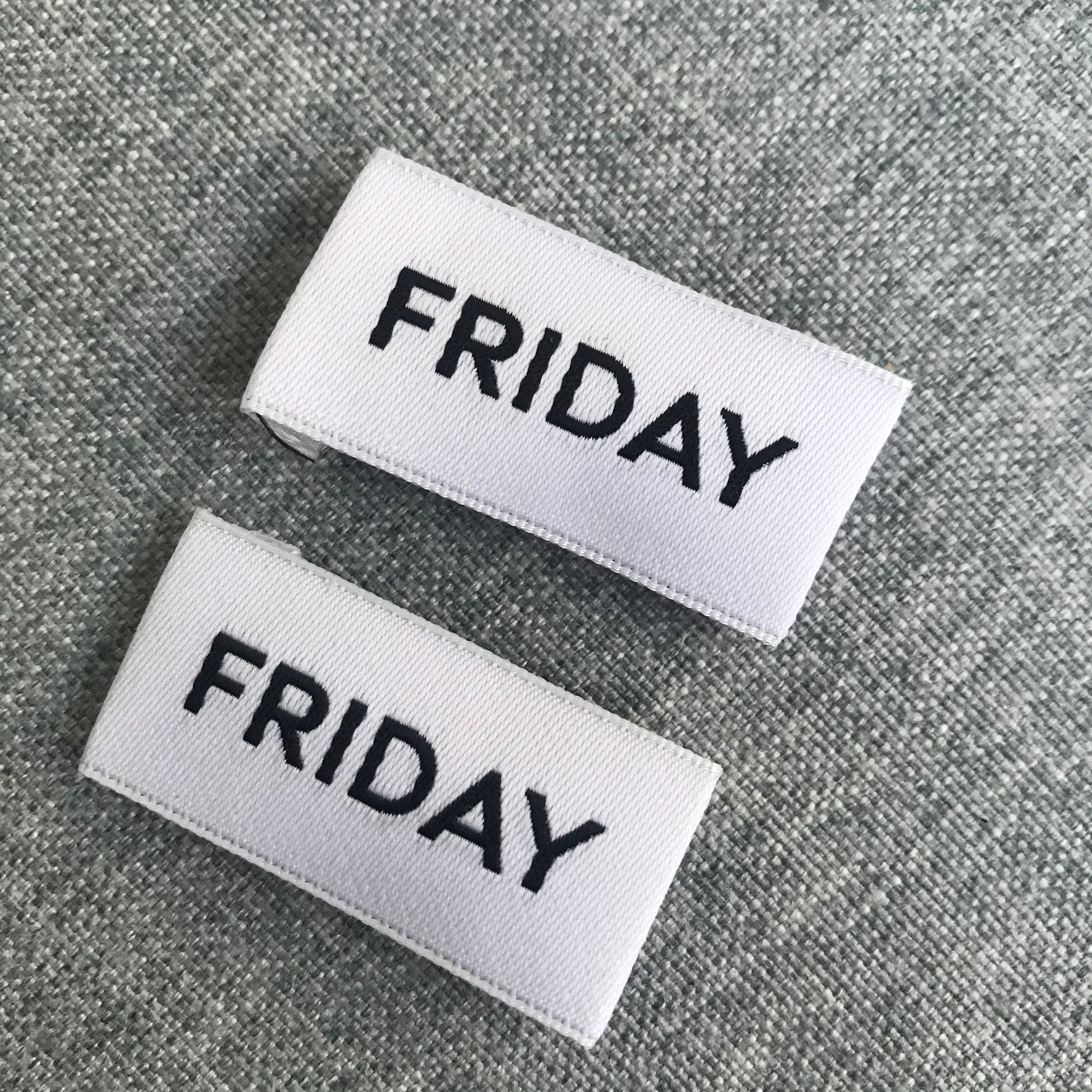 High density fashion design custom logo end fold black label swing on woven care label main tag for clothing socks