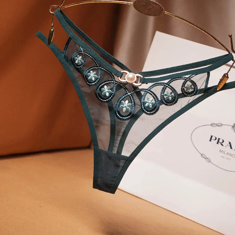 
Thongs And G String Transparent Mesh Embroidery Hollow Pearl Womens Thong Panties 