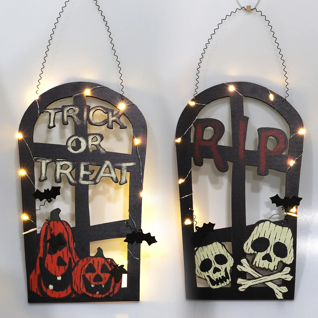 Halloween Decoration Tombstone Modeling LED Lights Door Hanging Pumpkin Skeleton Welcome Sign Wall Decoration Hanging Crafts