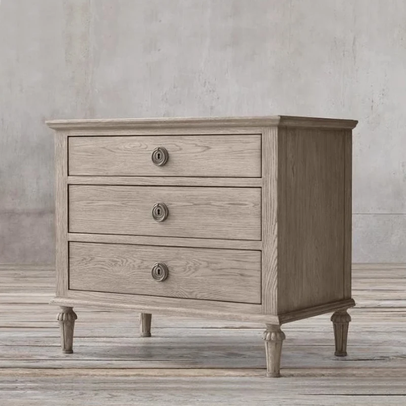 RH American solid wood nightstand vintage carved drawer locker Bedroom oak bedside cabinet three draw storage cabinet custom