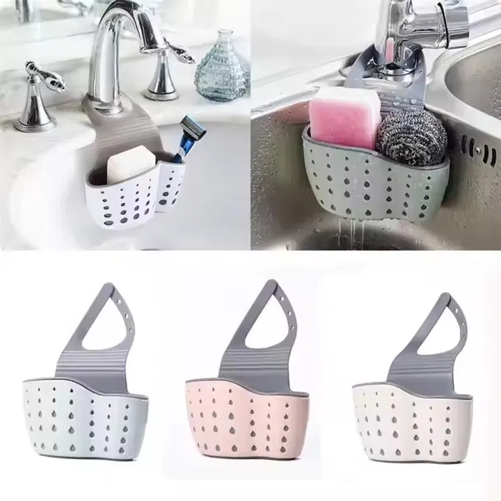 HelloWorld Sink Shelf Soap Sponge Drain Rack Silicone Storage Basket Bag Faucet Holder Adjustable Bathroom Holder Sink Kitchen