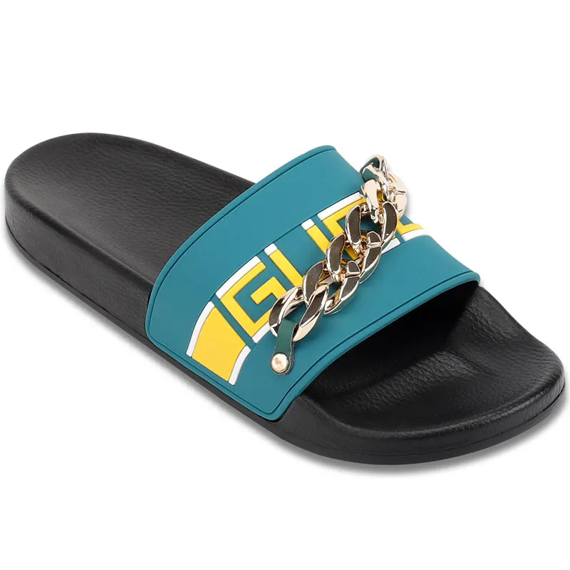 Big Golden Chain Wholesale Oem Custom Small Moq Slide Slippers Slides Custom Logo Luxury Rubber 3d Custom Slides