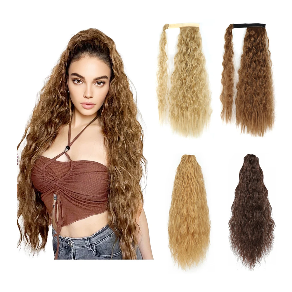 Wholesale 24 Inch Clip in Synthetic Pony Tail Hair Extensions Straps Tie up Corn Wave Curly Hair Ponytail Hairpiece