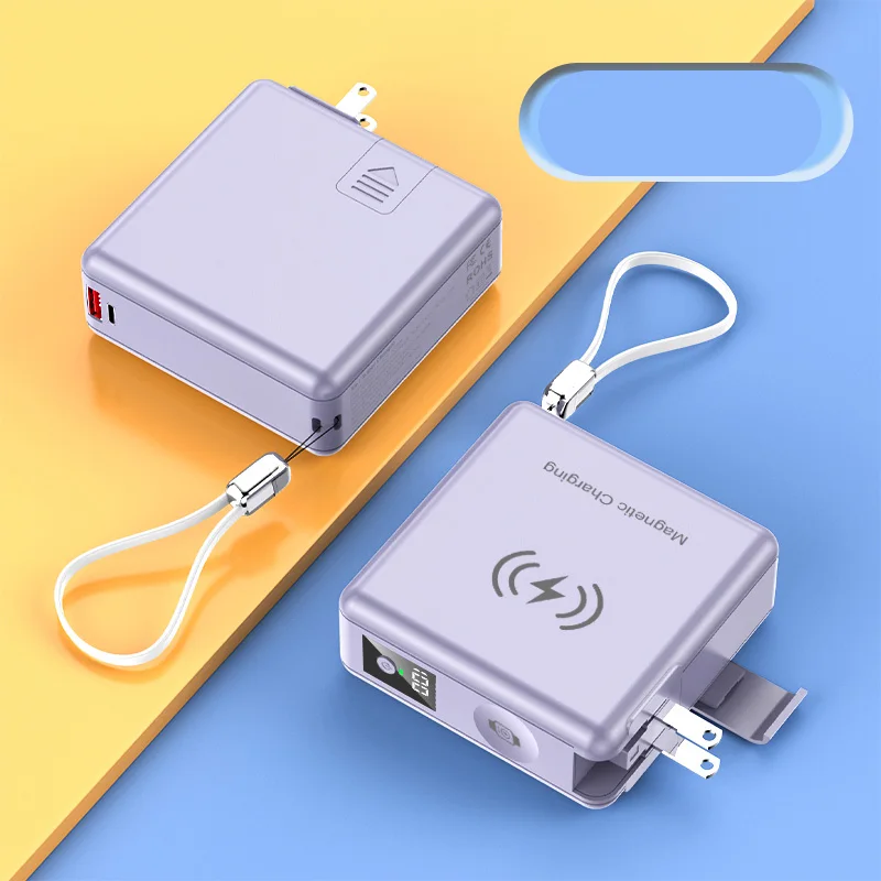 6 in 1 Wireless travel power bank Portable Fast Charger 15000mAh Built-in Cables AC plug LED Display External Battery Pack