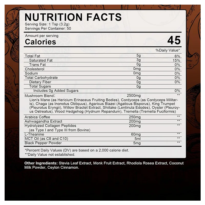 Factory Supply Organic Instant Mixed Mushroom Coffee Powder Immune System Booster Cognitive Support Mushroom Blend Coffee Powder