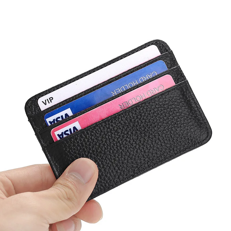 High Quality Genuine Leather  Mini Credit Card Holder Cow Pebble Leather  Clip Business ID Card Wallet RFID Blocking