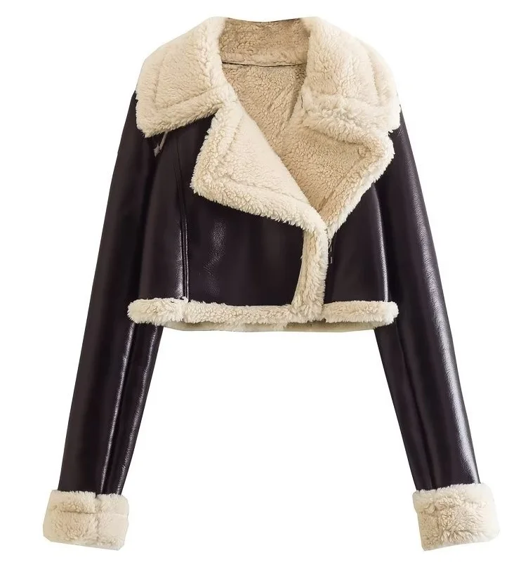 OJW122938 Cropped Fall Winter Clothes 2023 Streetwear Short Women Fur Leather Motorcycle Jacket