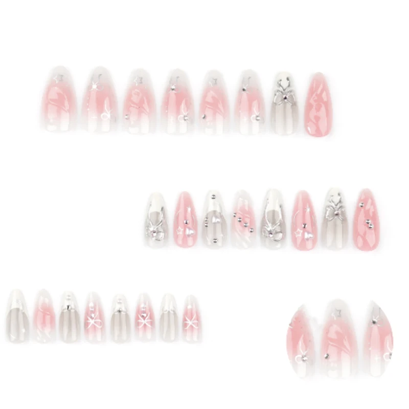 24pcs 3D Bow nail art 3D handmade magic mirror powder fake  nail French love blush pressed on nails supplier