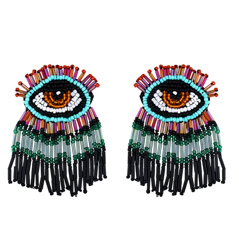 Wholesale Bohemian Fashion Long Tassel Creative Cartoon Evil Eye Shape Hand Made Seed Bead Stud Earrings for Women