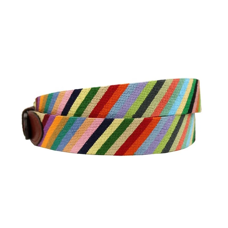 Fancy Parsons Stripe Ladies Cowhide Genuine Leather Needlepoint Belts