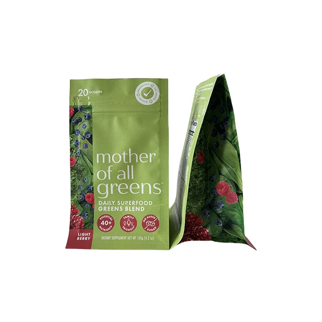 Hot Sale 250g 500g 1kg Stand Up Instant Food Pouch Plastic Flat Bottom Dry Fruit Nuts Powder Green Packaging Bag Pull-Tab Zipper