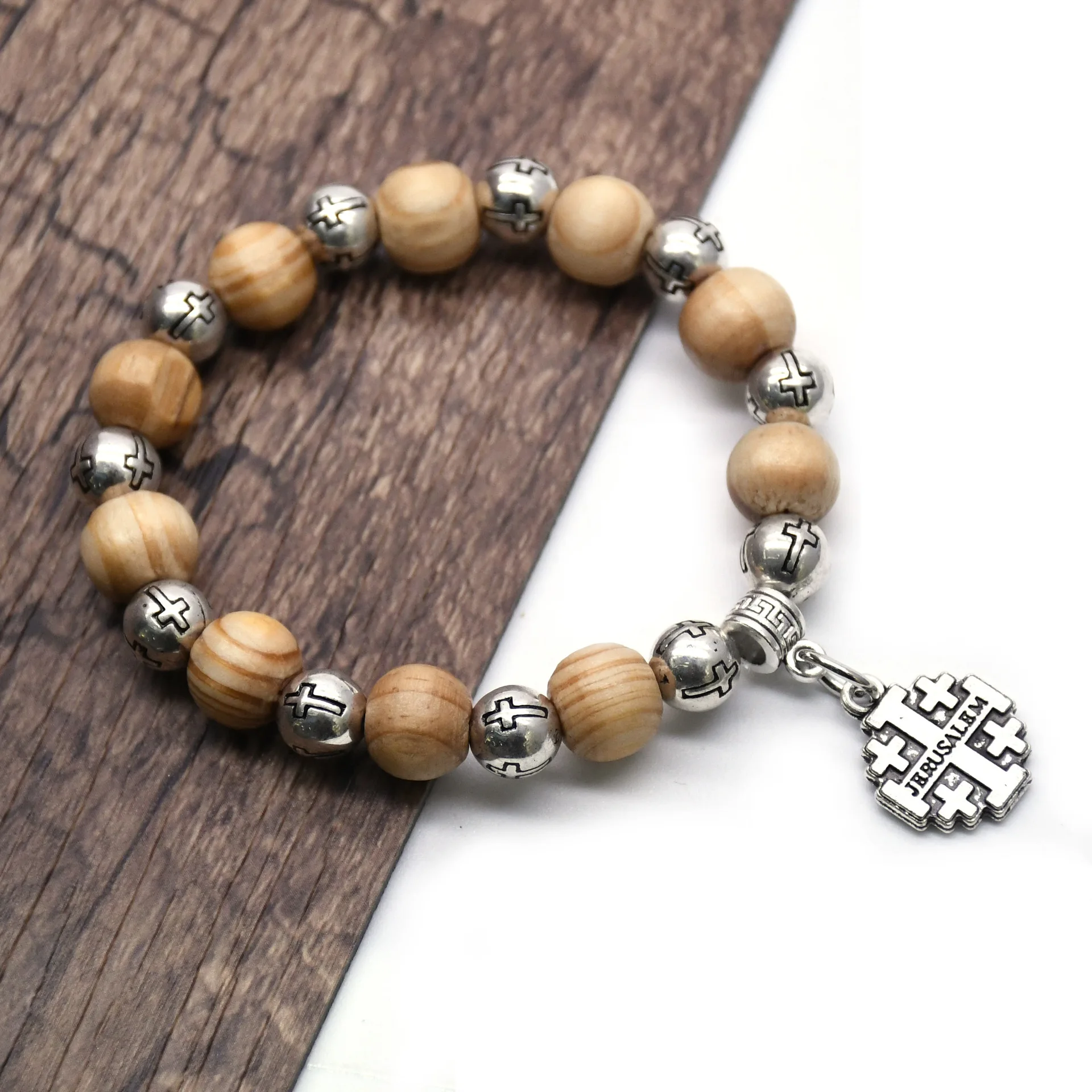 2022 New Design Wooden Bead Macrame Cross  Wood Beads Catholic Rosary Bracelet