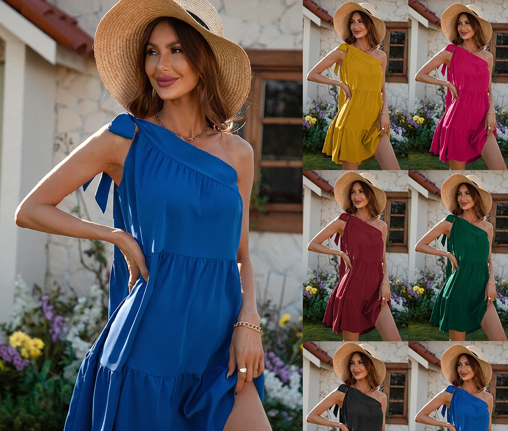 2022 fit and flare latest design solid color one shoulder dresses summer womens dresses