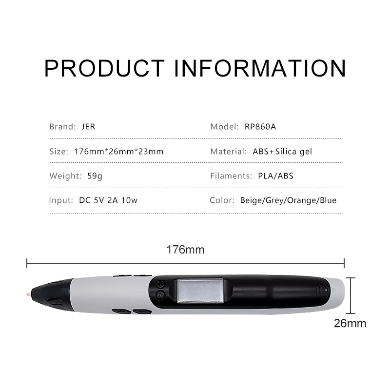 JER 3D Printing Pen full color OLED Screen 3d printing pen with Adjustable Speeds/Temperature