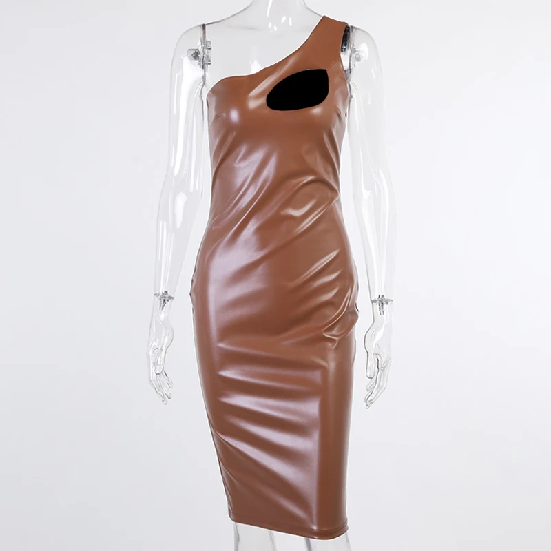 2022 Long Bodycon Pu Leather One Shoulder Sling Asymmetrical Brown Sexy Cut Out Summer Dress