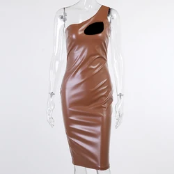 2022 Long Bodycon Pu Leather One Shoulder Sling Asymmetrical Brown Sexy Cut Out Summer Dress