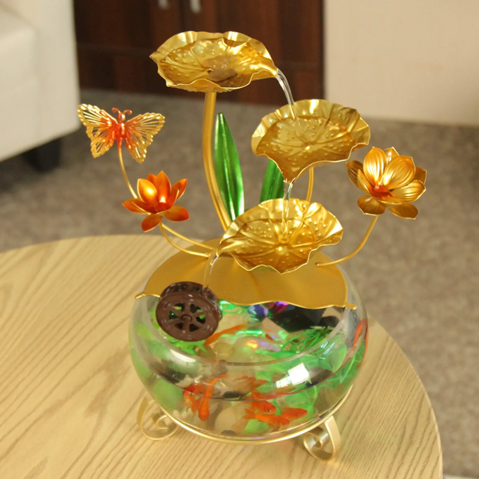CHENYISHI Lotus Leaf Tabletop Water Fountain with LED Lighting Fish Tank Butterfly Decoration and Cascading Water Flow Decor