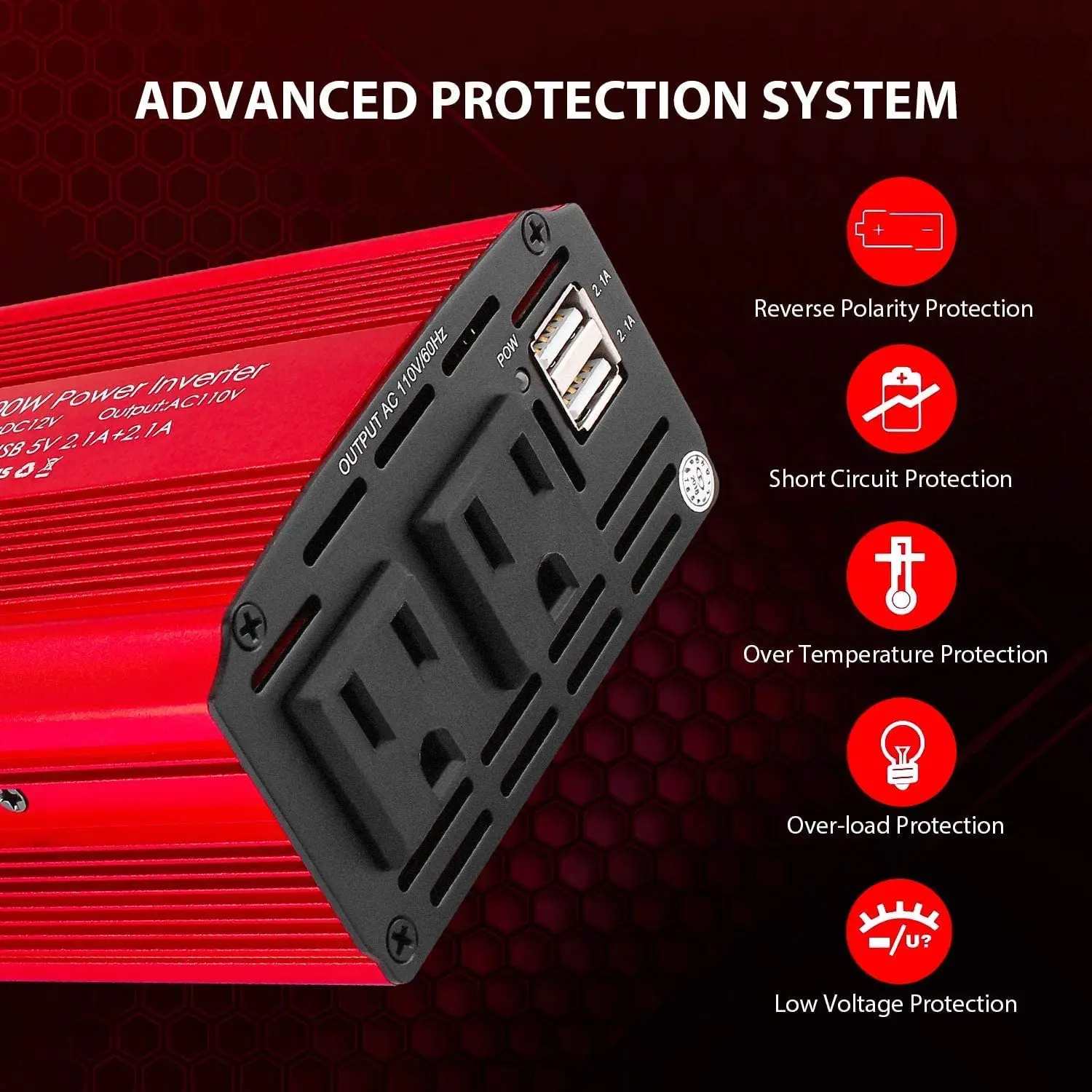 Power Inverter 500W DC 12V To AC 110V 220V Dual AC Charging Port And 2A USB Ports For Laptop Smart Phone