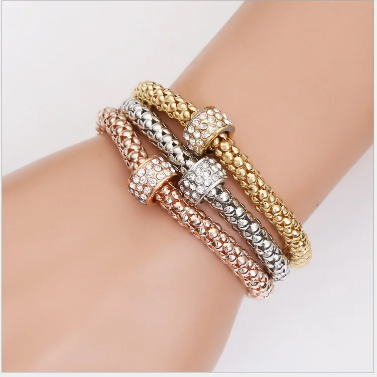 Multi Layered Colorful Popcorn Crystal Rhinestone Elastic Metal Pendant Charm Bracelet for Women