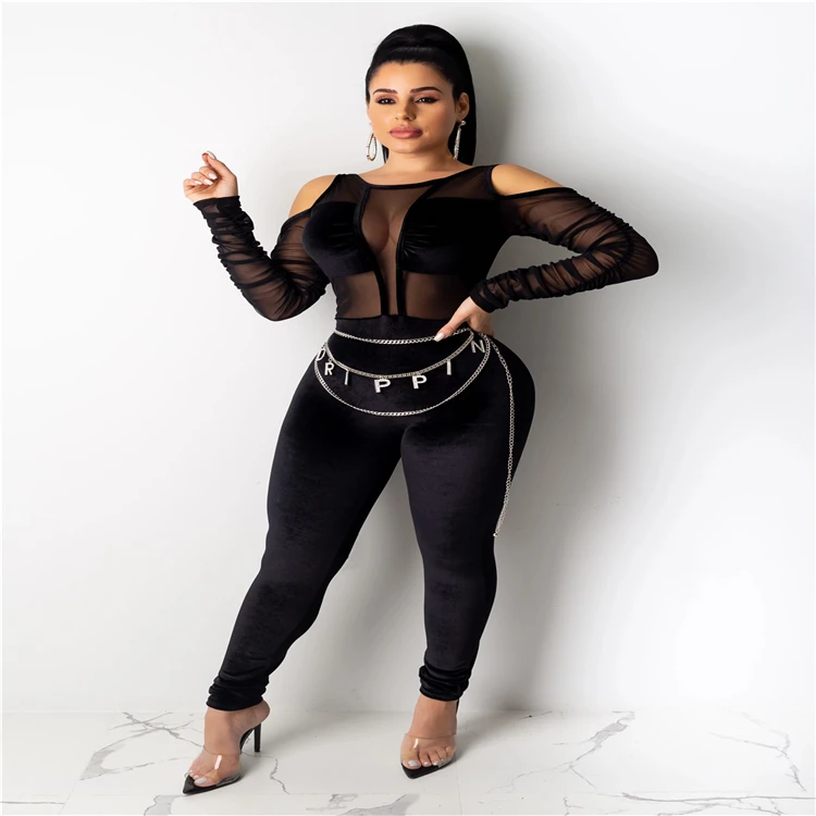 2020 new design black zipper mesh patchwork tight bodycon club wears women jumpsuits